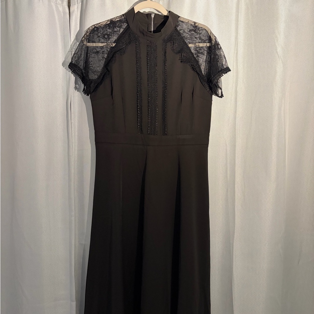 ASOS Black Lace Midi Dress Sheer Shoulders Formal Size 8
